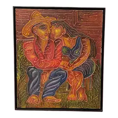 "Los Amantes" by Yordi Buergo, Colorful folk art-style relief painting depicting an embracing couple seated outdoors. The composition features a man in a wide-brimmed hat and a woman leaning affectionately toward him, Mixed Media on Canvas
