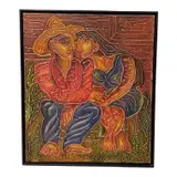 Colorful folk art-style relief painting depicting an embracing couple seated outdoors. The composition features a man in a wide-brimmed hat and a woman leaning affectionately toward him by "Los Amantes" by Yordi Buergo, Mixed Media on Canvas, offered Jul 2026