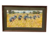 This heavy impasto oil painting on canvas by Thai artist Noparat Livisiddhi depicts farmers wearing traditional straw hats harvesting rice in an expansive golden field. Executed with thick by Rice Harvest by Noparat Livisiddhi, Oil on Canvas, offered Aug 2026