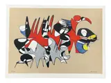 This mid-century modern abstract lithograph on heavy wove paper features a vibrant by Untitled by Herve Bordas, Lithograph, offered Aug 2026