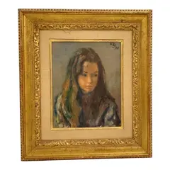 Bronwen Roberts, Untitled, Oil on canvas Signature: Hand-signed upper right Frame: Linen liner with gilt fillet in carved giltwood frame