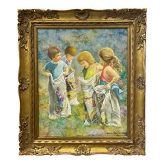 Honey W. Kurlander, A delightful and lively mid-century painting capturing four young children participating in a nostalgic potato sack race outdoors. Set against a vibrant, Oil on Canvas
