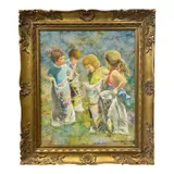 Honey W. Kurlander, A delightful and lively mid-century painting capturing four young children participating in a nostalgic potato sack race outdoors. Set against a vibrant, Oil on Canvas