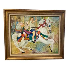 Honey W. Kurlander, A nostalgic and whimsical mid-century painting depicting a young child riding an ornate white carousel horse. Rendered with soft, Oil on Canvas