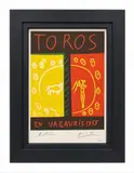 Pablo Picasso, Toros en Vallauris, 1955, Lithograph on Paper Inscriptions: Printed signature in the matrix lower left; additional printed signature/mark lower right; marked "PLATE 21" in the lower right margin Framing: Housed in a bold, wide-profile matte black wooden frame with a white mat under glass