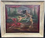 Description: Original oil on canvas titled Ballet Nu by American surrealist painter Leon Kelly. The dramatic composition presents a stage-like scene framed by deep red curtains by “Ballet Nu” by Leon Kelly, Oil on Canvas, offered Jun 2026