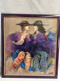 This vibrant and expressive painting by Ecuadorian artist Carlos Viver captures an intimate moment between two elegantly dressed figures. The use of rich purples by Carlos Viver, Oil on Canvas, offered Aug 2026