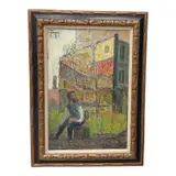 Cityscape with Seated Figure by H. Torner, Oil on Canvas Frame: Tiered Rustic Wood Frame, offered Aug 2026