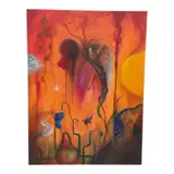 This expansive original oil painting titled "Gardens" is a striking example of Santiago II Aguirre’s surrealist style. The composition is bathed in a warm by "Gardens" by Santiago II Aguirre, Oil on Canvas, offered Aug 2026