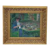 This impressionist work depicts a woman in an elegant blue dress and a wide-brimmed floral hat seated at a green garden table. She appears to be engaged in needlework or preparing tea by "Woman at Tea" by Casper Hodne, Oil on board, offered Aug 2026