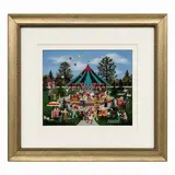 Description: A framed limited edition lithograph on paper depicting a festive carousel scene with fairgoers and balloons by Clowning Around by Jane Wooster Scott, Lithograph, offered Aug 2026