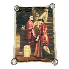 Chinese School, Courtyard Scene with Two Women and Paper Lantern, Oil on Canvas Style: Realism / Asian Contemporary Art Core Themes: Traditional Chinese attire, architectural heritage, quiet companionship, and night light illumination Keywords Chinese School, Asian Art, Chinese Painting, Contemporary Realism, Dragon Robe, Paper Lantern, Courtyard Architecture, Foo Dogs, Twilight Painting, Unframed Canvas, Orientalist Art, Figural Oil Painting, Large Canvas Art.