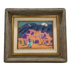 "Taos Pueblo" by Carlos Hall, This striking 20th-century oil painting by noted Southwest artist Carlos Hall captures the iconic Taos Pueblo with vibrant artistic energy and rich tonal contrast. The composition centers on the multi-tiered adobe structures, Oil on Canvas