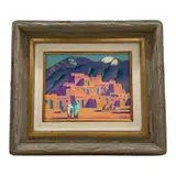 This striking 20th-century oil painting by noted Southwest artist Carlos Hall captures the iconic Taos Pueblo with vibrant artistic energy and rich tonal contrast. The composition centers on the multi-tiered adobe structures by "Taos Pueblo" by Carlos Hall, Oil on Canvas, offered Jun 2026
