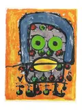 Abstract expressionist color lithograph depicting a stylized face with vibrant green eyes and geometric features by L'Homme by Hervé Bordas, Lithograph, offered Aug 2026
