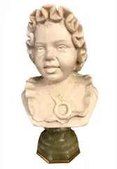 Adolfo Cipriani, Untitled, Alabaster and Onyx Signature: Signed on reverse Italian sculpture, Adolfo Cipriani, alabaster bust, child portrait, Victorian era, Belle Epoque, green onyx base, hand carved, realism, 19th century art, 20th century art, marble sculpture, decorative arts, nursery decor, antique sculpture.