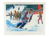 A limited edition color lithograph depicting an alpine skier navigating a slalom course by "Us World Cup" by Jim Jonson, Lithograph, offered Aug 2026