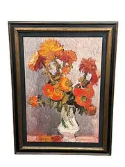 Bernard Cathelin, "Yellow Dahlias" (Les Dahlias Jaunes), Halftone lithographic print on paper (not an original oil painting) Year of Original Work: 1960 Year of Print: Copyright 1961 by the New York Graphic Society Ltd., printed in Switzerland Signature: Features the artist's printed signature and date ('Cathelin 60') in the lower-left corner of the image