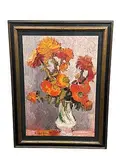 Bernard Cathelin, "Yellow Dahlias" (Les Dahlias Jaunes), Halftone lithographic print on paper (not an original oil painting) Year of Original Work: 1960 Year of Print: Copyright 1961 by the New York Graphic Society Ltd., printed in Switzerland Signature: Features the artist's printed signature and date ('Cathelin 60') in the lower-left corner of the image