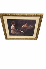 Charles Courtney Curran Artwork, Songs of Childhood, Print reproduction (verify physical material) Frame: Ornate gold-tone frame with multiple layers of matting