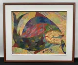 Untitled (Abstract Fish Composition) by F. Dillya, 1977, Mixed media / paint on canvas Signature: Signed and dated lower right Framing: Framed under glass, ready to hang Mid-Cen, offered Jul 2026