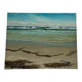 An original oil on canvas seascape depicting waves rolling onto a sandy shoreline beneath a bright blue sky with distant clouds. The composition captures the motion of the surf with textured brushwork and layered tones of blue and green by Coastal Seascape by G. Stegman, Oil on Canvas, offered Jul 2026