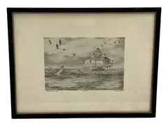 John Moll, Untitled, Lithograph print on paper Style: Regional Realism / Maritime Art Signature/Inscriptions: Titled "Thomas Point Light", numbered "148/200", and signed "John Moll '75" in pencil along the lower margin