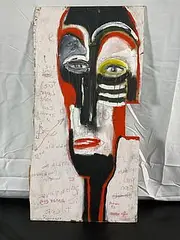 This striking artwork features a bold and abstract face with a tribal or mask-like appearance. The composition is dominated by black by Mucho Suerte by Luis Robayo, Oil on Board, offered Jul 2026