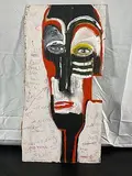 This striking artwork features a bold and abstract face with a tribal or mask-like appearance. The composition is dominated by black by Mucho Suerte by Luis Robayo, Oil on Board, offered Jul 2026