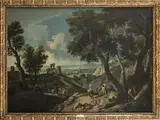 Andrea Locatelli, Paesaggio laziale con pastori ed un castello diroccato...
