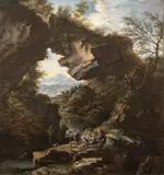 Andrea Locatelli, Paesaggio con grande arco roccioso e figure...