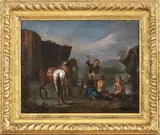 Philips Wouwerman, Sosta di cavalieri e bagnanti presso corso d'acqua...