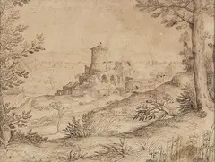 Paul Bril, Paesaggio estensivo con al centro grande fortificazione e torrione circolare...