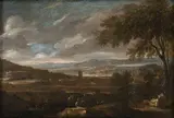 Gaspard Dughet, Paesaggio con viandanti in primo piano e villaggi sullo sfondo...