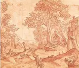 Matthäus Merian, Paesaggio con viandanti e caseggiati...