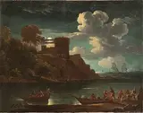 Joseph Vernet, Scena costiera al chiaro di luna con barche e pescatori...