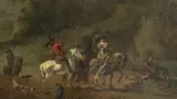 Karel Dujardin, Grande paesaggio con cavalieri in primo piano e borgo sullo sfondo...