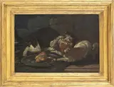 Felice Boselli, Gatto e cane litigano intorno a un piatto di cibo ...