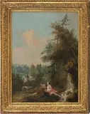 Francesco Zuccarelli, Paesaggio con cascatella, due lavandaie e un cavaliere sullo sfondo...