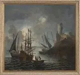 Joseph Vernet, Marina con imbarcazioni, figure e una torre cilindrica sullo sfondo...