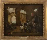 Philips Wouwerman, Scena di mercato fra le rovine, con cavalieri in primo piano...