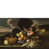 Giuseppe Pesci, Paesaggio con natura morta, oil on canvas