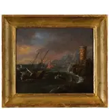 Hendrik Frans van Lint, Veduta costiera con torre e naufragio / Firmato in basso a destra: H. van Lint F, oil on copper