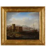 Hendrik Frans van Lint, Veduta costiera con fortezza e navi alla fonda / Firmato in basso a sinistra: H. van Lint F, oil on copper