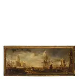 Johann Anton Eismann, Veduta marina con torre e vascelli, oil on canvas
