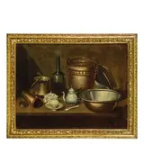 Nicola Levoli, Natura morta con stoviglie in rame, bottiglie e maioliche, oil on canvas