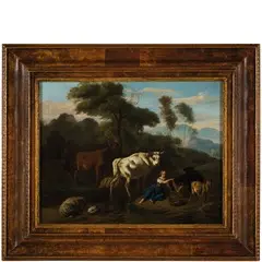 Giacomo Berger, Paesaggio pastorale, Firmato a sinistra sul basamento marmoreo Olio su tela