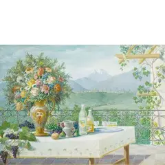 Giuseppe Mozzoni, Colazione sulla terrazza / Firmato 'G Mozzoni' in basso a destra, tempera on canvas