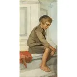 Egisto Ferroni, Porto di Mezzo in Lastra a Signa, 1835 - Firenze, 1912 / Ragazzo seduto ai piedi della chiesa / Firmato 'E Ferroni' in basso a destra