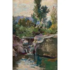 Ratisbona, 1845 - Firenze, 1923 / Paesaggio fluviale / Firmato 'A Hollaender' in basso a destra by Alphons Hollaender, oil on tavoletta, offered Nov 2018